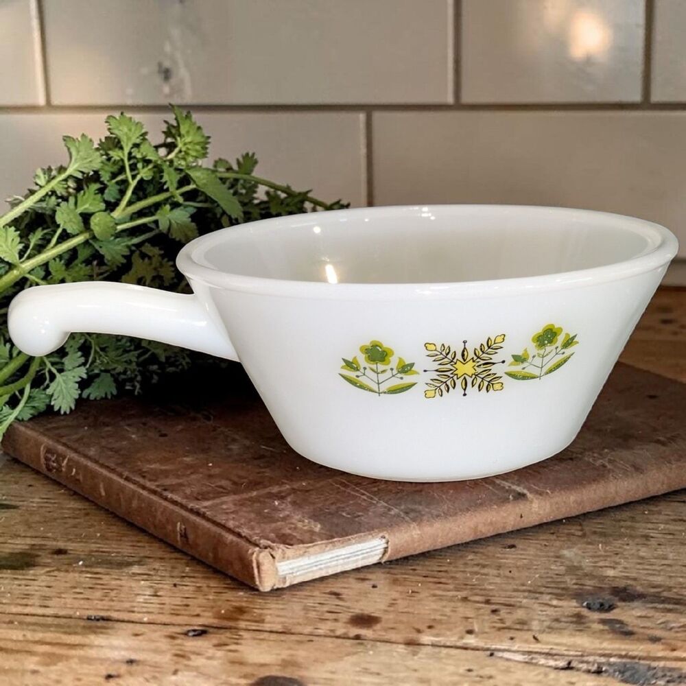 Fire King White Milk Glass Green Meadow Soup Bowl With Handle Vintage